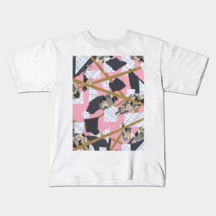 Feathers and Frays - Pink, Gold, Black, White - Abstract Mixed Torn Paper Collage Kids T-Shirt